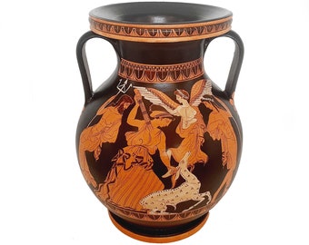 May include: A black and orange Greek amphora with two handles. The amphora is decorated with a scene of a winged figure holding a lyre, a figure with a trident, and a deer. The amphora is on a white background.