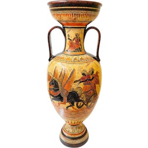 May include: A large, ceramic amphora vase with a wide mouth and two handles. The vase is decorated with a black and red painted scene of a winged horse pulling a chariot with two figures.