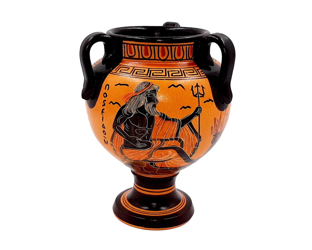 Ancient Greek Vase, Krater 17cm, Shows God Poseidon and Godess