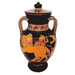 Red figure Pottery Amphora with lid 24cm, battlefield scenes from Trojan War