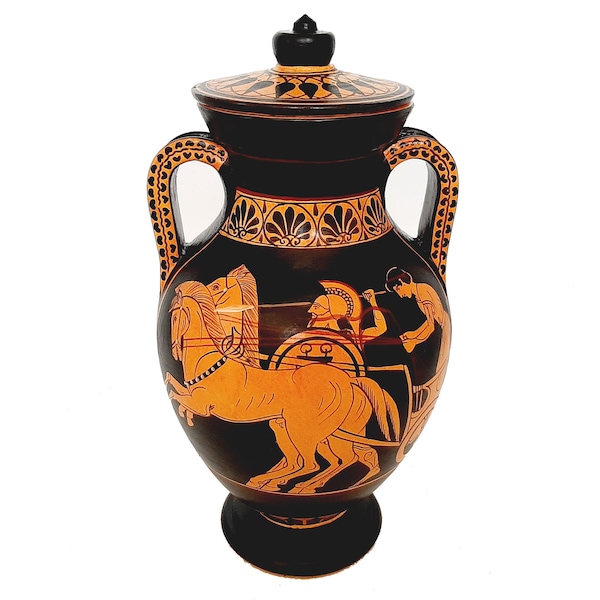 Red figure Pottery Amphora with lid 24cm, battlefield scenes from Trojan War