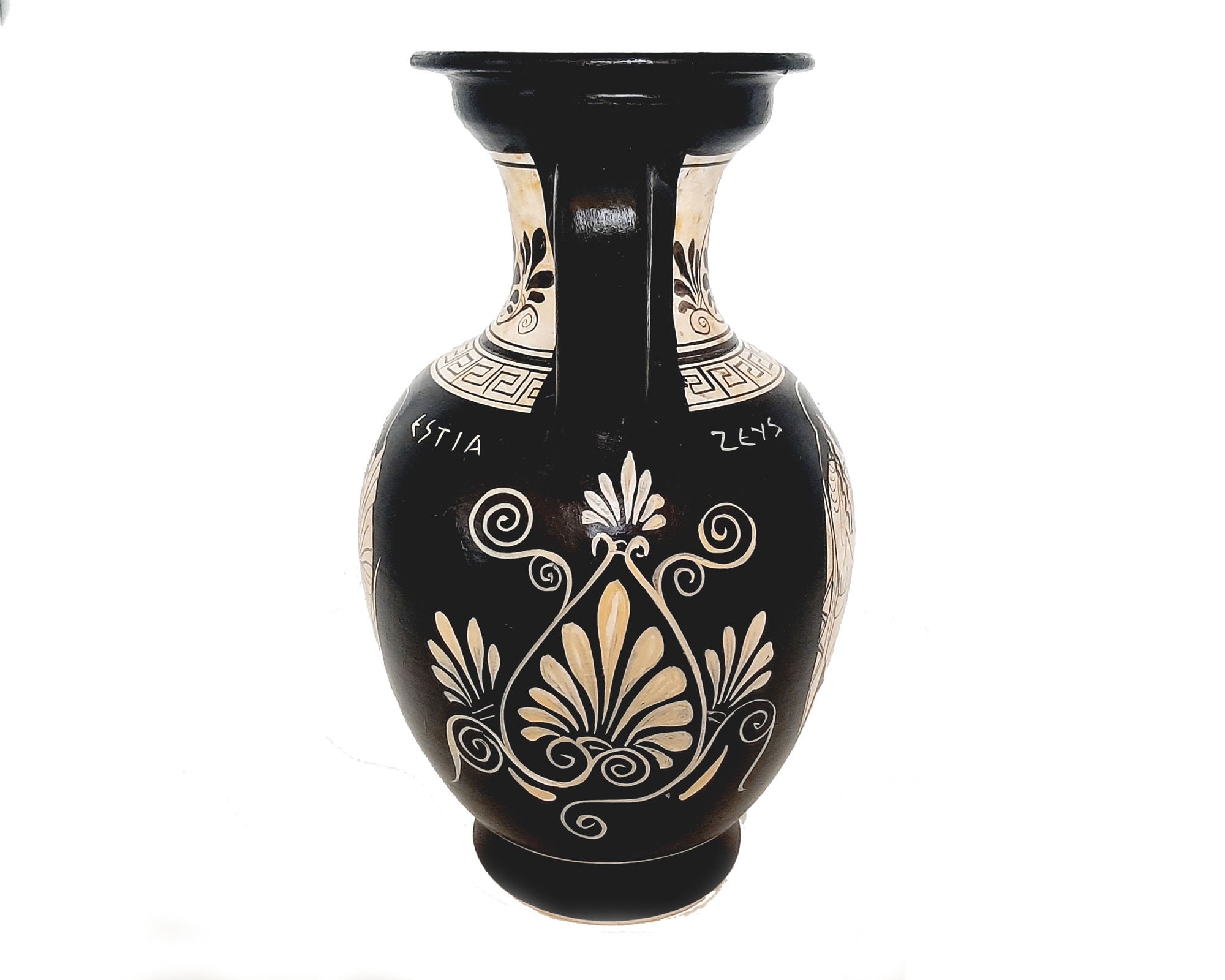 ギリシャ陶器の花瓶、高さ22cm、白像、女神ヘスティアと神ゼウス