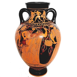 Puede incluir: Una ánfora griega negra y naranja con dos asas. La ánfora está decorada con una escena pintada en negro y rojo de figuras en procesión. Las figuras están pintadas en estilo de figuras negras.