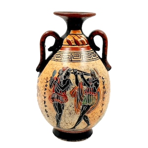 Ancient Greek Pottery Amphora,Multicolored,Showing Aulitris and God Apollo