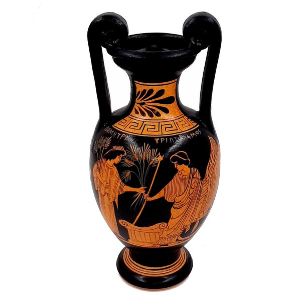 Greek Pottery Amphora 24cm,Red figure Vase,Showing Triptolemus with Goddess Demeter