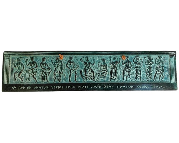 12 Greek Olympian Gods,Relief terracotta Slab 30x7cm,Green Patina
