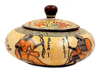 Pyxis 19cm ,Ancient Greek Art,shows God Apollo,Goddess  Artemis.Goddess Athena, Achilles