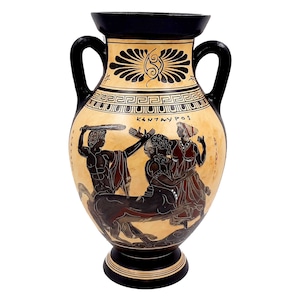 May include: Black and red Greek amphora with a scene of a man fighting a centaur. The amphora has a black and white geometric design around the neck and a black and white floral design on the shoulder. The text "ΚΛΥΤΑΥΡΟΣ" is written on the amphora.