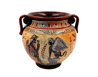Antike griechische Vase 15 cm,Krater Bunt,mit Ödipus und Sphinx