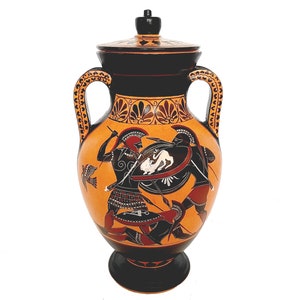 Black figure Pottery Amphora with lid 24cm, Iliad battle scene over Patroclus body