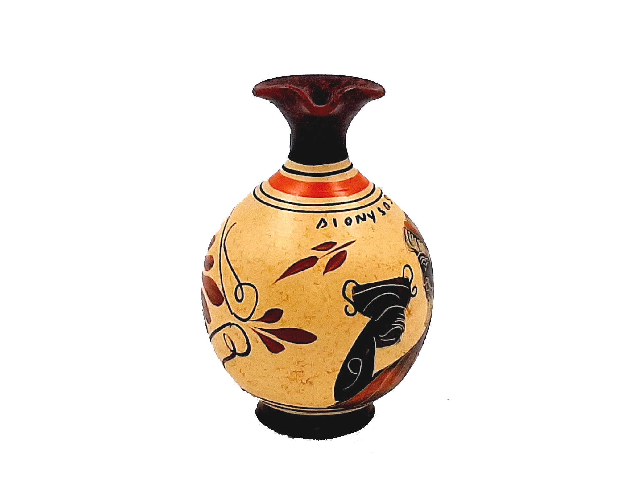 Greek Oinochoe 11,5cm,Yellow background,shows God Dionysus