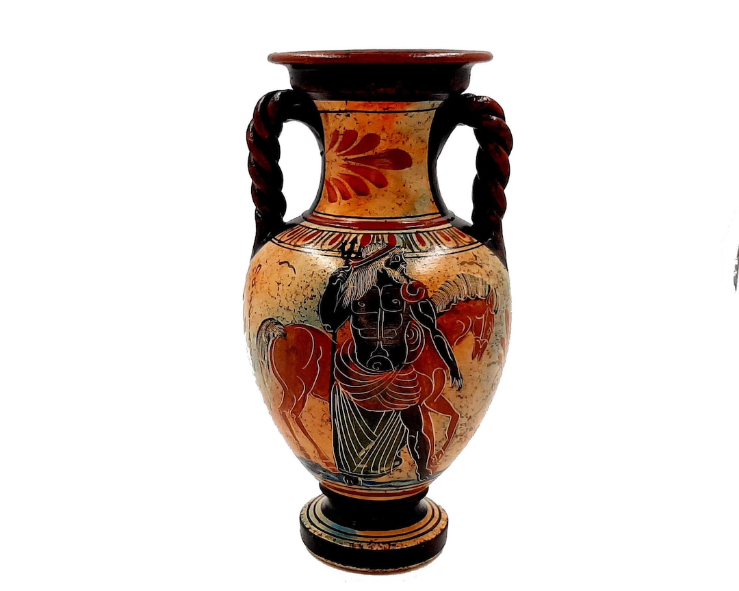 Ancient Greek Vase,amphora 22cm,mulitcolored, Shows God Poseidon and