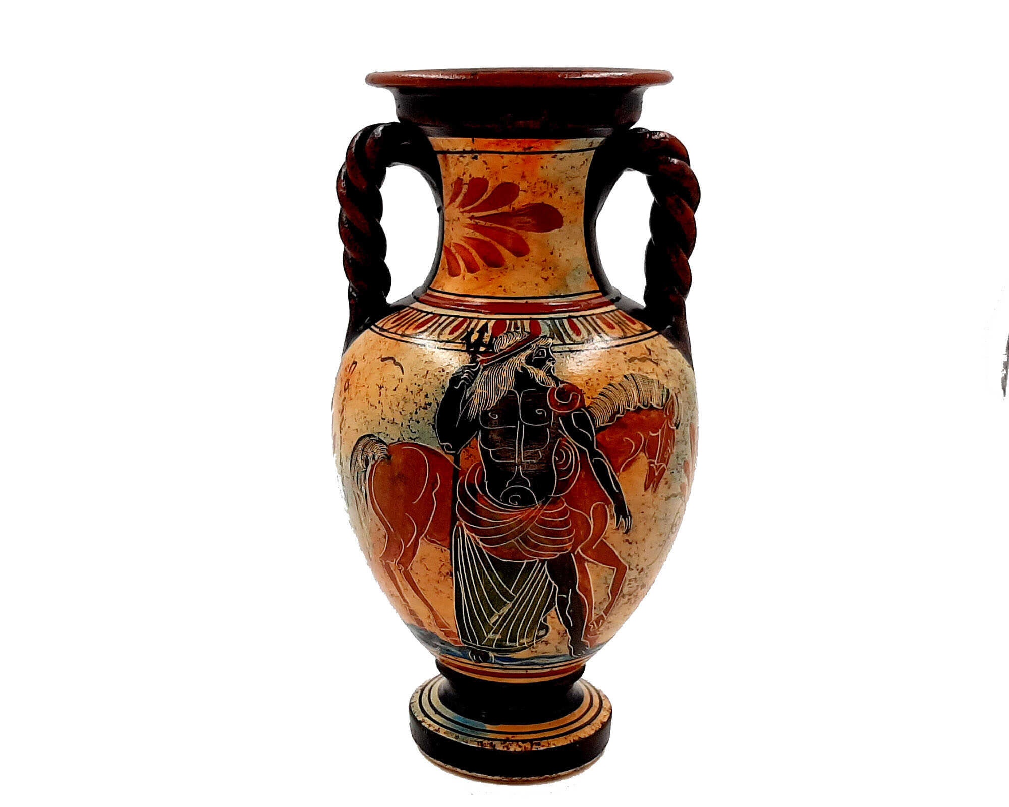古代ギリシャの花瓶、アンフォラ 22 cm、多色、ポセイドン神と