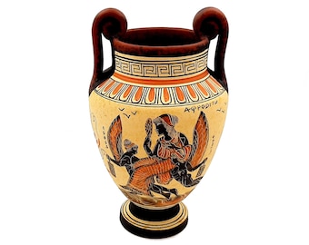 Jarrón griego antiguo, crátera voluta de 24 cm, diosa Afrodita, dios Dioniso y Hermes