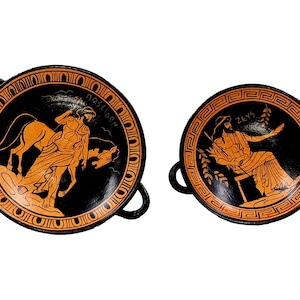 Set de 2 figuras Kylix rojas de 13,5 cm y 11,5 cm, representando al dios Poseidón y al dios Zeus