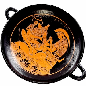 Red figure Pottery, Kylix shows Achilles with Patroclus,21cm diameter