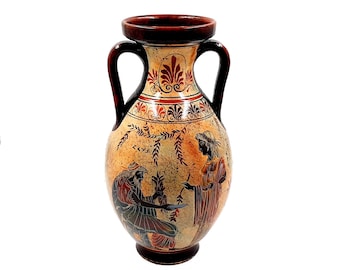 Pelike griego antiguo, jarrón de cerámica multicolor de 31 cm, dios Zeus con Hera y Dioniso