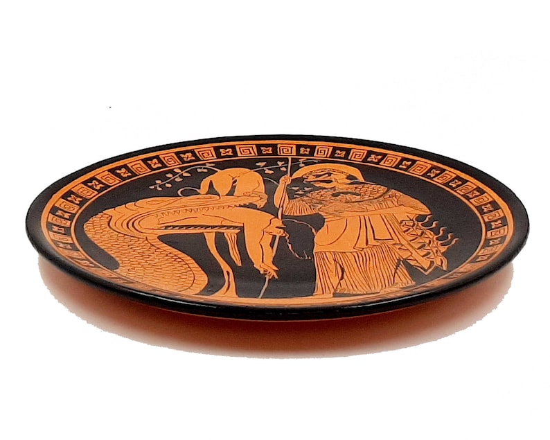 Greek Plate 24cm,Red Figure Pottery,shows Jason disgorged by the monster and Goddess Athena image 2
