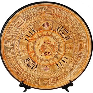 Ceramic Greek Plate 28cm, Geometric Pottery,Owl in the middle
