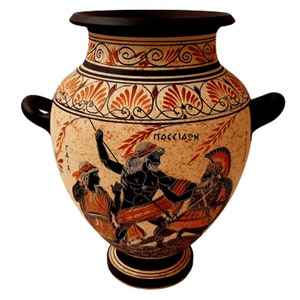 Vaso grego Stamnos: Poseidon e Zeus, réplica de cerâmica antiga (26 cm)