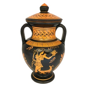 Red figure Pottery Aphora 19cm with lid ,Hecate and Goddess Artemis image 2