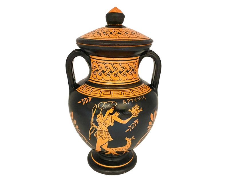 Red figure Pottery Aphora 19cm with lid ,Hecate and Goddess Artemis image 2