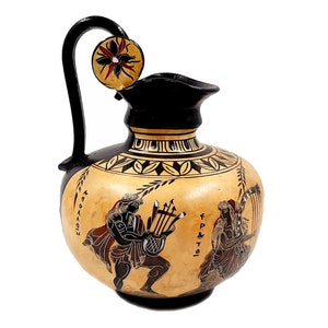 Vaso grego antigo de 20 cm, figura negra de Rodes Oinochoe, representando o deus Apolo com Erato