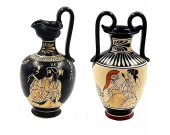 Set of 2 Attic white figure Greek Vases 16cm,God Zeus,Goddess Athena