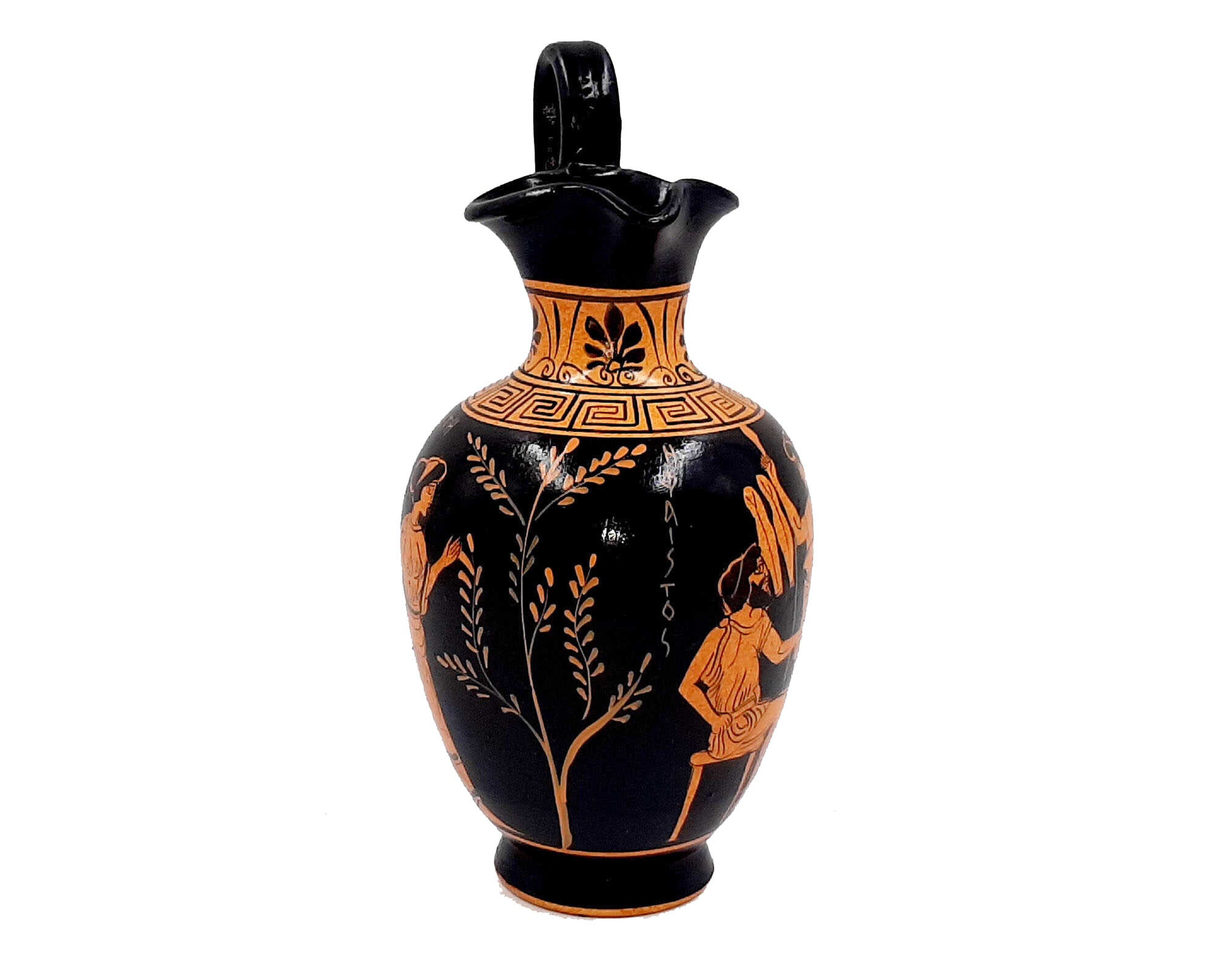 Greek Oinochoe Red Figure Pottery 19cm, Shows God Hephaestus With