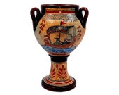 Greek Pottery Pot,Krater with 3 handle multicolored,Showing God Dionysus on Ship