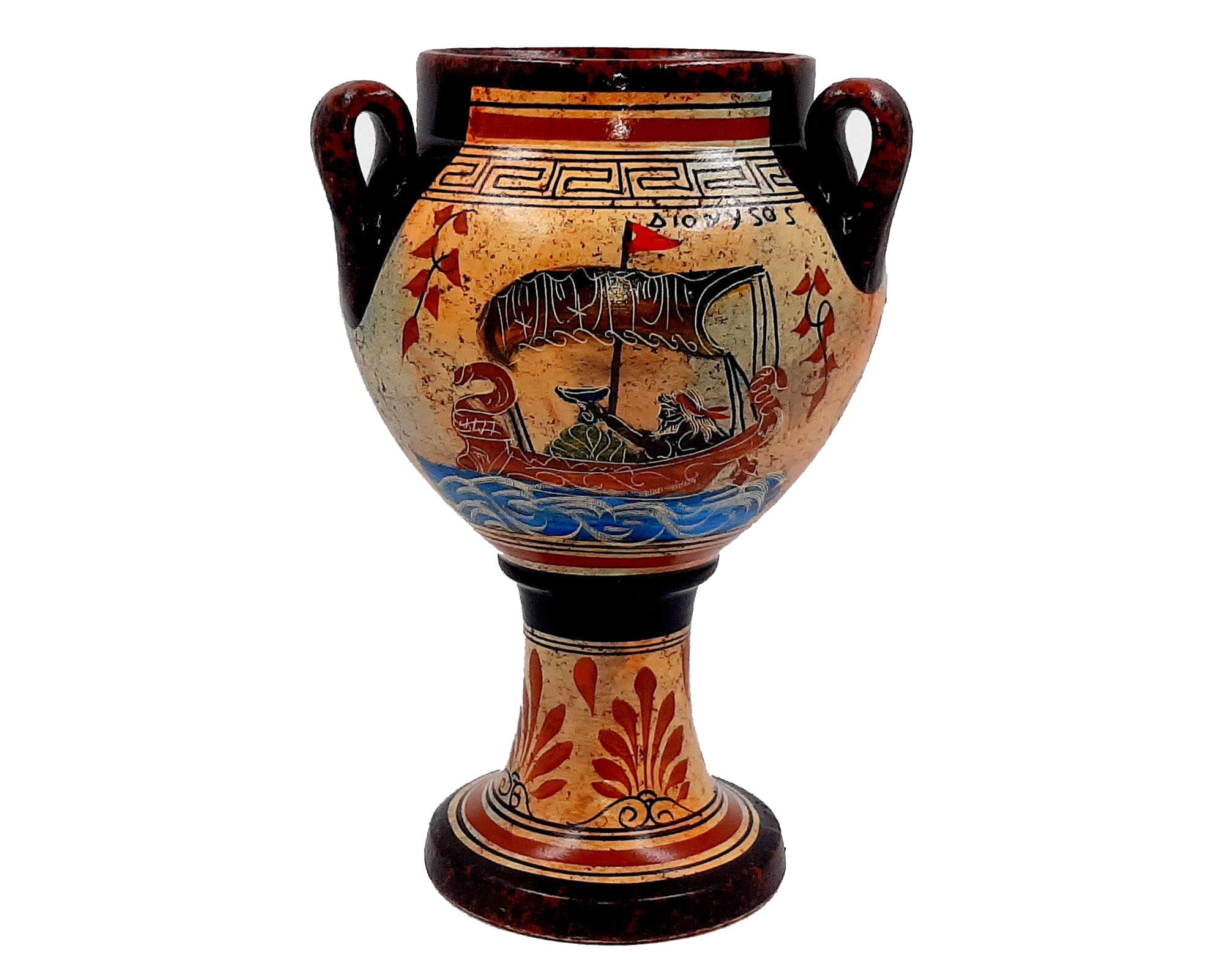 ギリシャ陶器の壺、3つの取っ手を持つ多色のクラテル、船に乗った