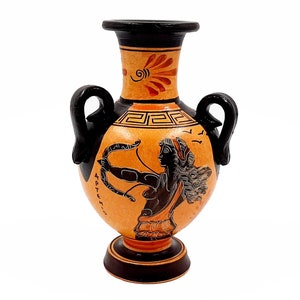 Greek Vase ,Amphora 17cm with 3 handles,shows God Apollo with Goddess Artemis
