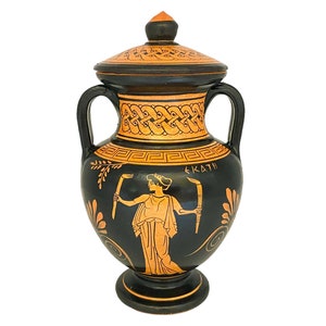 Red figure Pottery Aphora 19cm with lid ,Hecate and Goddess Artemis image 1