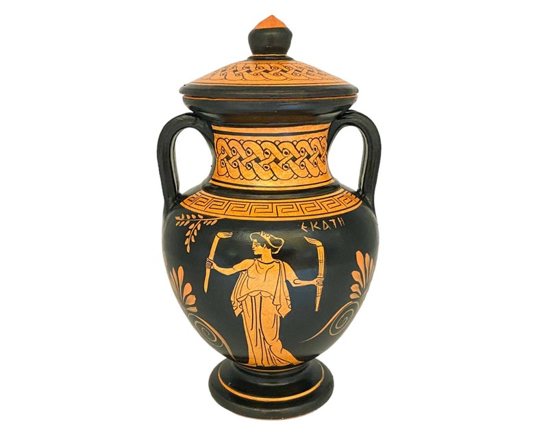 Red figure Pottery Aphora 19cm with lid ,Hecate and Goddess Artemis image 1