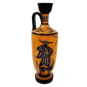 Black Figure Pottery Lekythos 26cm,God Hermes ,Goddess Athena