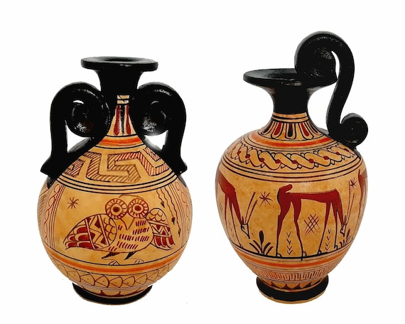 幾何学模様の陶器花瓶 幾何学模様の花瓶2個セット 11.5 cm、古代ギリシャ陶器 - Etsy 日本