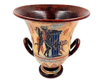 Crátera de 26 cm, cerámica griega antigua, muestra a Adonis con la diosa Afrodita y al dios Hermes con Sémele.