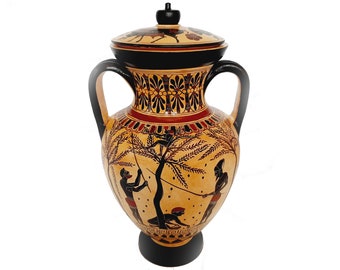 Black figure replicas Amphora with lid 29cm,Olive harvesting and Pholos receiving Heracles