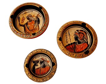 Set of 3 Greek Ceramic Ashtrays,Showing 3 Olympian Gods