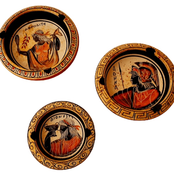 Juego de 3 ceniceros de cerámica griega, mostrando 3 dioses olímpicos