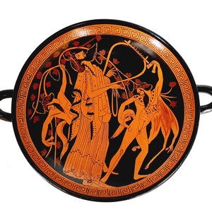 Red figure Pottery Kylix 20cm,God Dionysus with dancing Satyrs