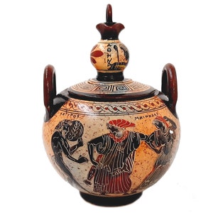 Greek Ceramic Canister 20cm with lid, Satyr with Manaeds