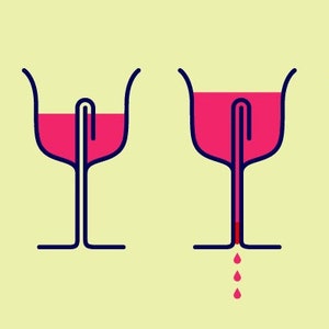 Pu&ograve; includere: Quattro illustrazioni di un bicchiere di vino con un liquido rosso al suo interno. Il liquido gocciola dal fondo del bicchiere nelle ultime due illustrazioni.