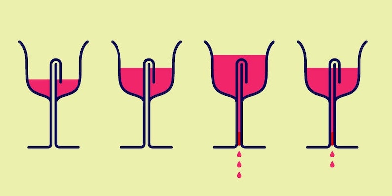 Pu&ograve; includere: Quattro illustrazioni di un bicchiere di vino con un liquido rosso al suo interno. Il liquido gocciola dal fondo del bicchiere nelle ultime due illustrazioni.