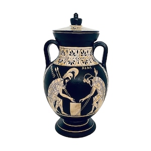 Greek Vase Amphora with lid,Ajax and Achilles,White figure Pottery 19cm