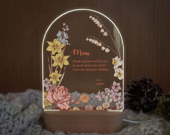 Personalized Night Light for Mom | Mothers Day Gifts | Custom Birth Flower LED Night Lamp | Birthday Gifts for Mom | Gifts for Grandma