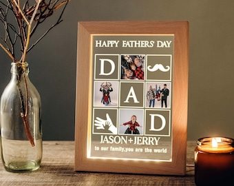 Cadre photo personnalisé Veilleuse LED pour papa | Cadeaux fête des pères | Cadre photo en bois lumineux | Cadeaux d'anniversaire pour papa et grand-père