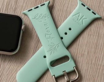 Floral Silicone Watch Band | Personalized Mint Watch Band | Engraved Watch Band | Birthday Gifts for Best Friend | Christmas Gift for Women
