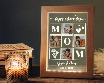 Veilleuse avec cadre photo pour maman | Cadeaux Fête des Mères | Cadeaux personnalisés pour maman, grand-mère | Lampe LED à cadre en bois avec image | Cadeau d'anniversaire