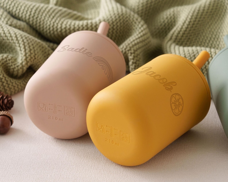 Baby Silicone Cup with Straw 200 ml, Baby Gift, Personalized Engraved Toddler Cup 7 oz, 1st birthday, Non-Spill Silicone Training Cup [W] image 8